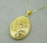 14k Oval Yellow Gold Locket with Scrolly Floral Design on Front (#J4322)