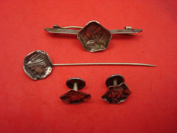 Medallion Sterling Silver Shirt Set Bar Pin Stick Pin & Buttons 4pc Set