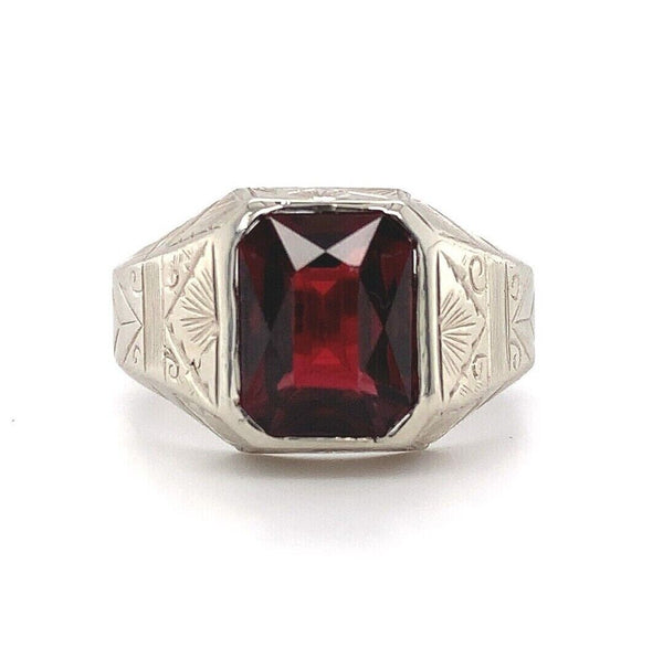 14k White Gold 2.63ct Deep Red Genuine Natural Garnet Men's Ring (#J5769)