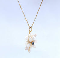 14k Yellow Gold Freshwater Pearls and Sapphire Daisy Pendant Jewelry (#J4957)