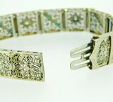 14k White Gold Filigree Diamond Bracelet Double Wide Synthetic Emeralds (#J4503)