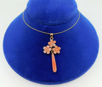10k Gold Genuine Natural Coral Flower Pendant with 14k Gold Chain (#J4095)