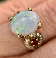 14k Yellow Gold Genuine Natural Opal Ruby and Diamond Ring (#J2650)