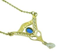 10k Yellow Gold Lavaliere Pendant Blue Glass Stone and Pearls (#J4805)