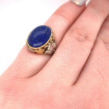Arts and Crafts 14k Gold Genuine Natural Lapis Ring Applied Leaves (#J5414)