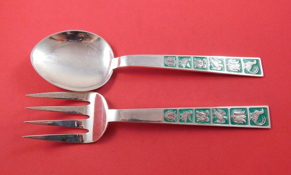 Elkington English Sterling Silver Salad Serving Set 2pc with Green Enamel 9 1/4"