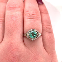 18k White Gold Art Deco Genuine Natural Emerald Filigree Ring (#J5650)