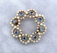 14k Yellow Gold Antique Montana Sapphire and Pearl Circle Pin (#J5468)