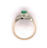 14k Gold Genuine Natural Emerald and Diamond Vintage Engraved Ring (#J4832)