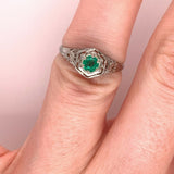 Art Deco 18k White Gold Filigree .24ct Genuine Natural Emerald Ring (#J4824)