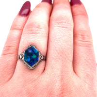 10k White Gold Art Deco Genuine Natural Black Opal Filigree Ring (#J5667)