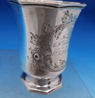 Wood and Hughes Coin Silver Baby Cup Chased Flowers Leaf Cartouche Footed #7419