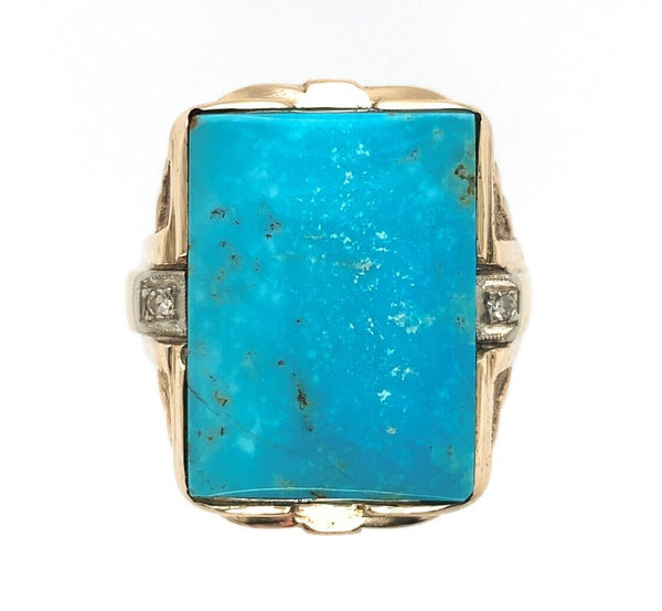 10k Gold Large 9.91ct Genuine Natural Turquoise and Diamond Men's Ring (#J6134)
