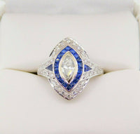 18k White Gold Marquise Genuine Natural Diamond and Sapphire Halo Ring  (#J4013)