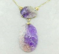 14K Gold Art Deco Carved Genuine Natural Amethyst Necklace (#J4516)