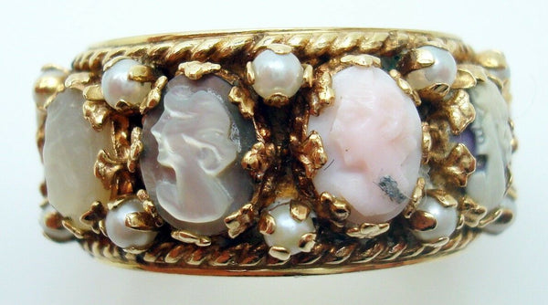 Large 14k Gold Wide Band Cameo Ring with Pearls (#C2465)