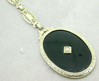 Deco 14k White Gold Filigree Genuine Natural Black Onyx Necklace (#J4671)