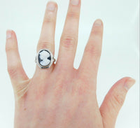 14k White Gold Genuine Natural Hard Stone Cameo Ring with Applied Ribbons #J4296