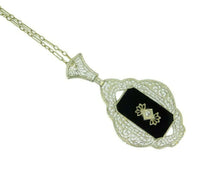 Art Deco 14k White Gold Filigree Genuine Natural Onyx and Diamond Pendant #J2199