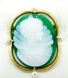 14k Yellow Gold Green and White Onyx Cameo Pin and Earring 3-piece Set (#J4313)