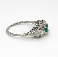 18k Gold Art Deco .32ct Genuine Natural Emerald and Diamond Filigree Ring #J4836