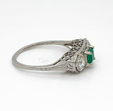 18k Gold Art Deco .32ct Genuine Natural Emerald and Diamond Filigree Ring #J4836