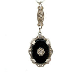 Art Deco 14k White Gold Necklace Genuine Natural Black Onyx and Diamond (#J5361)