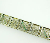 14k White Gold Filigree Diamond Bracelet Double Wide Synthetic Emeralds (#J4503)