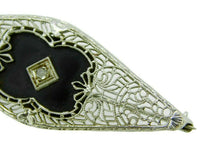 10k White Gold Filigree Genuine Natural Onyx and Diamond Pin (#J4661)
