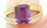 14K Gold Emerald Cut 1.40ct Genuine Natural Amethyst Ring with Diamonds (#J2363)