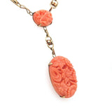 Art Deco Yellow Gold 14k Carved Genuine Natural Coral Necklace (#J5457)