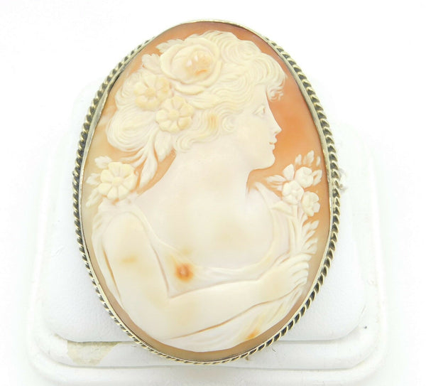 Sterling Large Genuine Natural Shell Cameo Pin Pendant with GW Frame (#J4230)