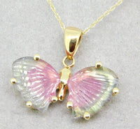 14k Yellow Gold Watermelon Genuine Natural Tourmaline Butterfly Pendant (#5020)