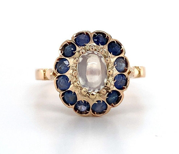 14k Yellow Gold Genuine Natural Moonstone Ring with Sapphire Halo (#J5844)