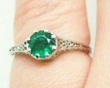 Art Deco 18k White Gold .48ct Genuine Natural Emerald Filigree Ring (#J901)