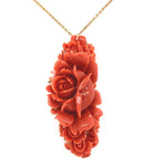14k Yellow Gold Large Carved Genuine Natural Ox Blood Coral Pendant Roses #J6177