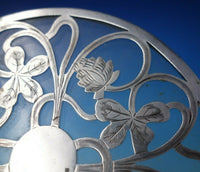 Glass Trivet Plate with Sterling Silver Overlay Four-Leaf Clover #A92C (#5489)