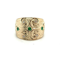 14k Yellow Gold Wide Heavy Emerald and Diamond Band Ring (#J5440)