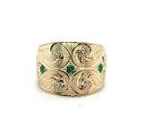 14k Yellow Gold Wide Heavy Emerald and Diamond Band Ring (#J5440)