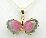 14k Yellow Gold Watermelon Genuine Natural Tourmaline Butterfly Pendant (#5020)