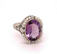 Art Deco 14k White Gold Filigree Amethyst Ring with Seed Pearls (#J4827)