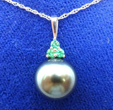 14k Gold 8.8MM Tahitian Black Pearl Pendant with Emeralds (#J3646)