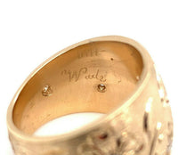 14k Yellow Gold Wide Heavy Diamond Band Ring Engraved Flowers (#J5439)
