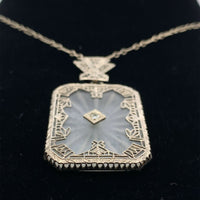 14k Gold Genuine Natural Rock Crystal Quartz Diamond Filigree Necklace (#J5455)