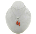 18k White Gold Double Genuine Natural Coral Briolette Drop Necklace (#J4718)