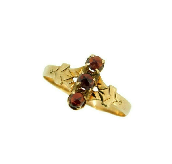 Victorian 10k Yellow Gold Genuine Natural Bohemian Three Garnet Ring (#J4518)