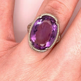 Art Deco 14k Gold Filigree Large Oval Genuine Natural Amethyst Ring (#J4842)