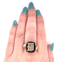 10k Yellow Gold Genuine Natural Onyx Signet Ring with Gold M or W Initial #J5862