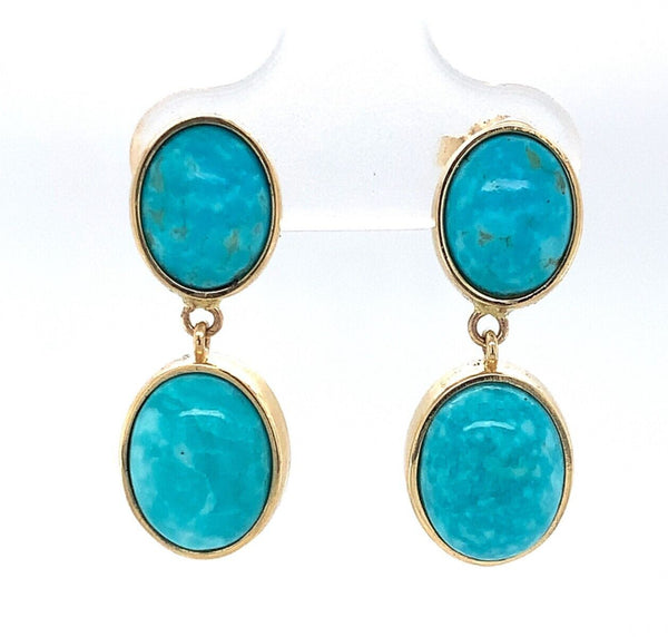 14k Gold 7.41ct TW Genuine Natural Kingman Turquoise Dangle Earrings (#J6126)