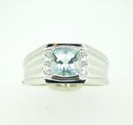 10k White Gold Men's Genuine Natural Aquamarine and Diamond Ring (#J4489)